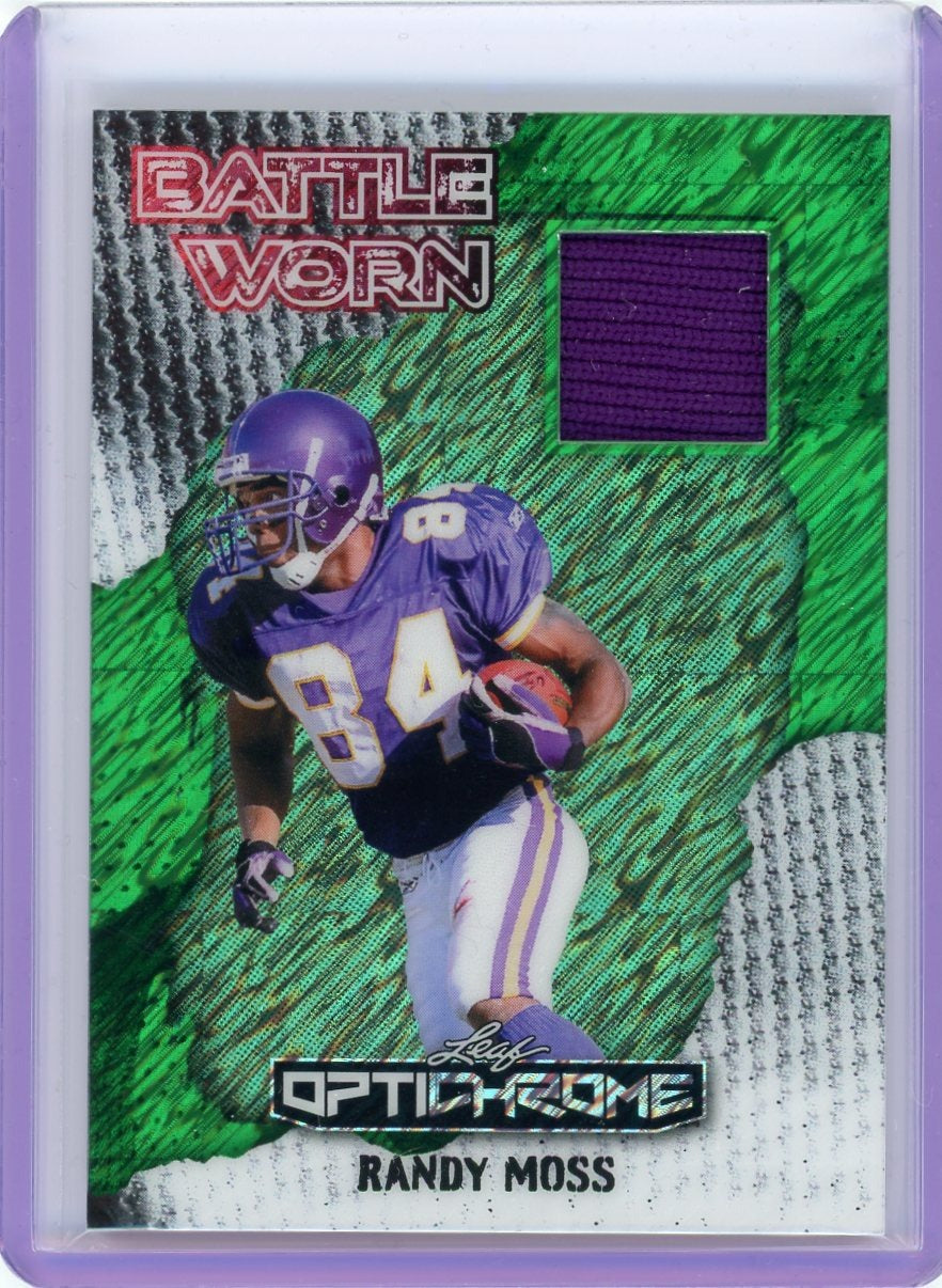 2025 Leaf Optichrome #BW-17 Randy Moss Game Used Battle Worn Shimmer Green #/6
