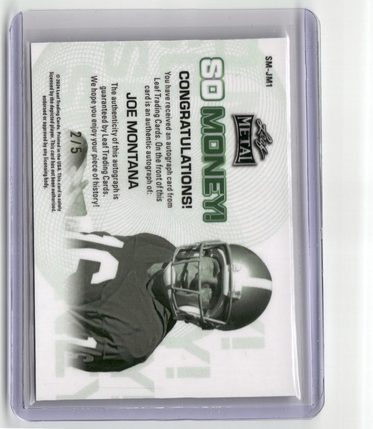 2024 Leaf Metal #SM-JM1 Joe Montana Auto So Money! Pulsar Silver #/5-2