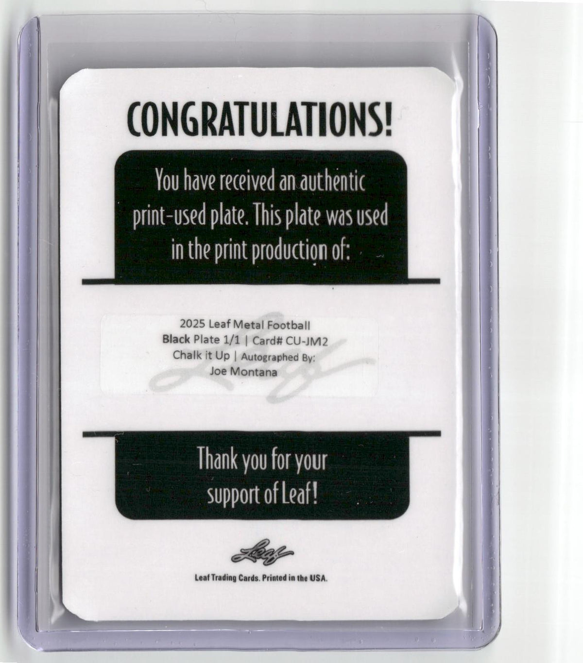 2025 Leaf Metal Chalk It Up #CU-JM2 Joe Montana Auto Printing Plate Black 1/1-2