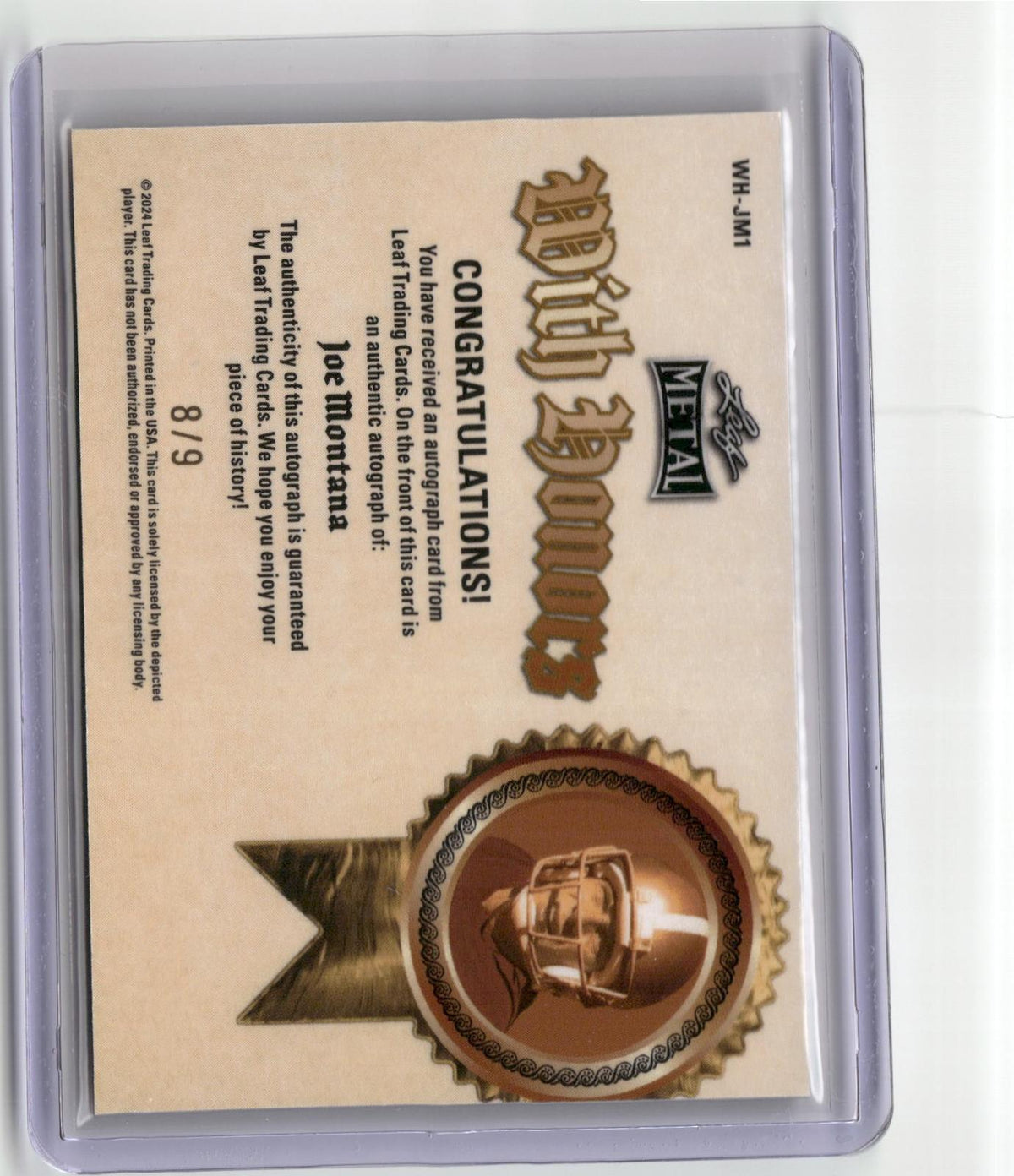 2024 Leaf Metal #WH-JM1 Joe Montana Auto With Honors Prismatic Fire #/9-2