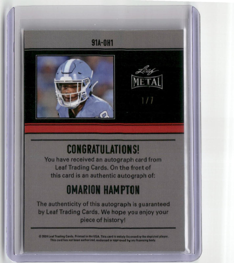 2024 Leaf Metal #91A-OH1 Omarion Hampton 91 Leaf Autographs Mojo Purple 1/7-2