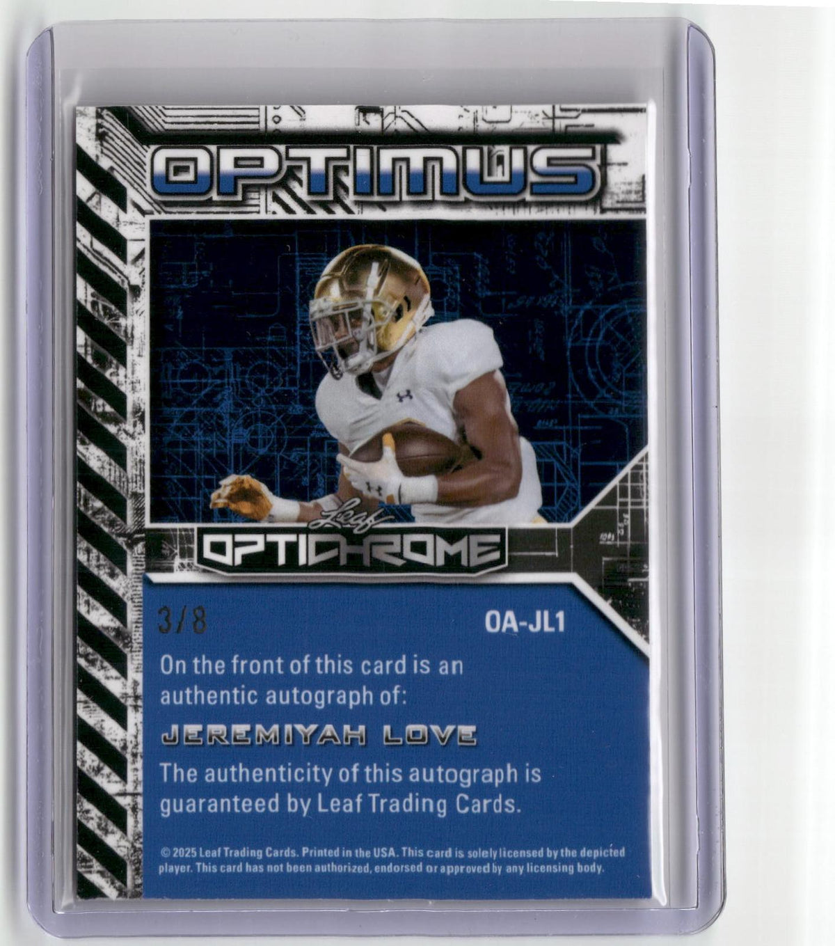 2025 Leaf Optichrome #OA-JL1 Jeremiyah Love Optimus Autographs Lazer Pink #/8-2