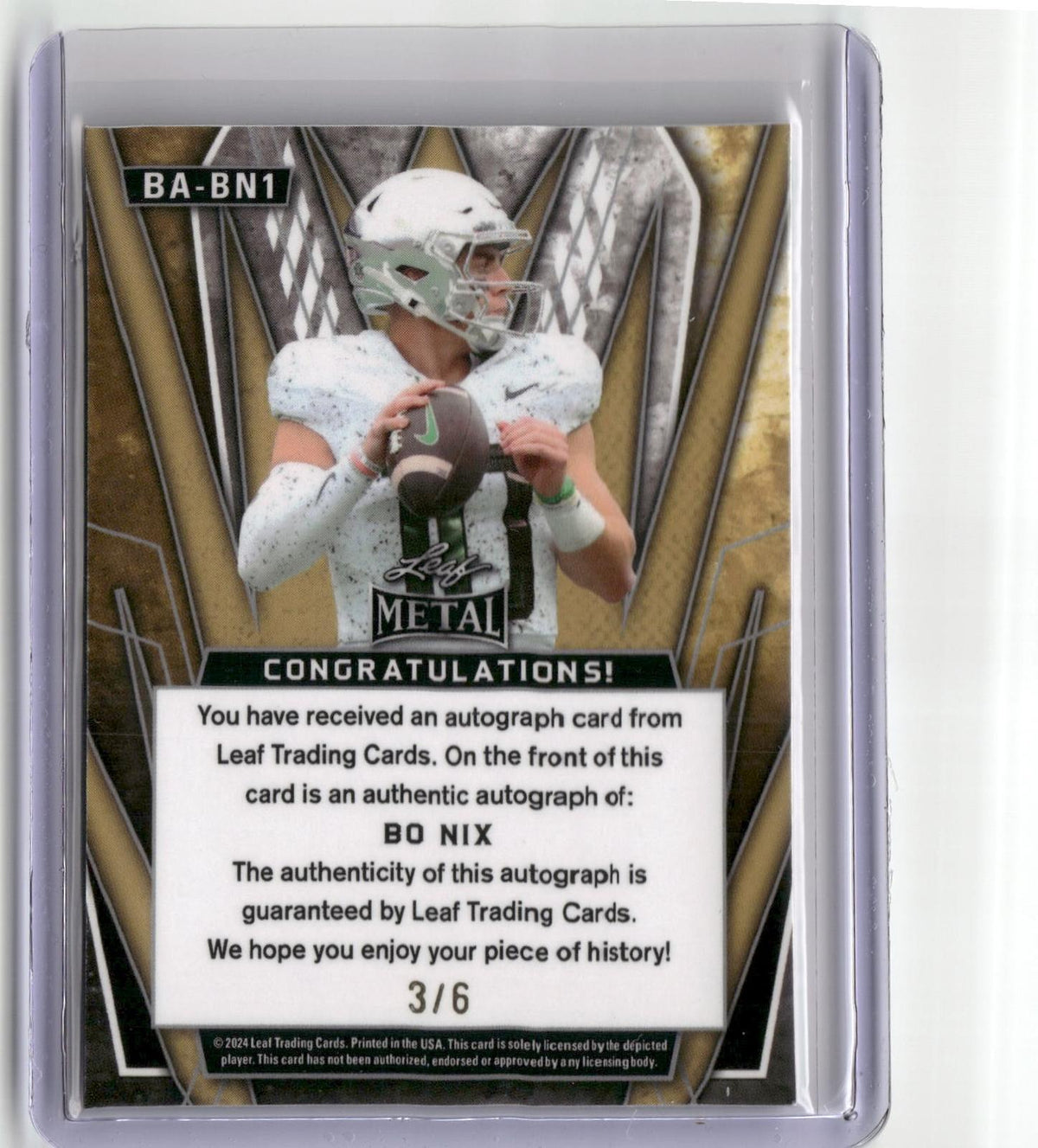 2024 Leaf Metal #BA-BN1 Bo Nix Autographs Laser Silver #/6-2