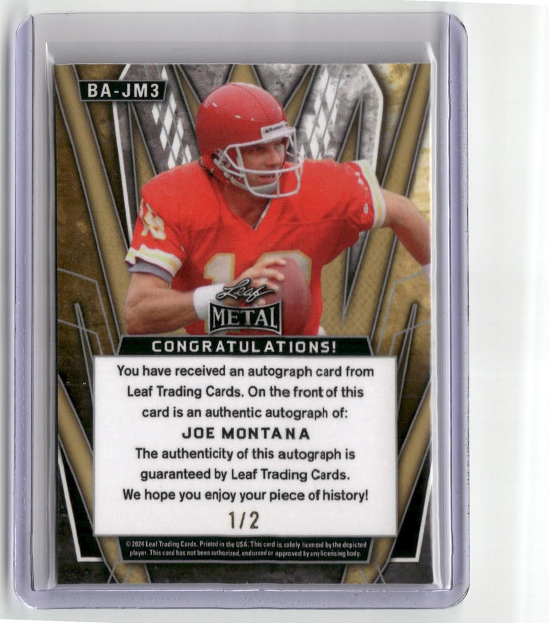 2024 Leaf Metal #BA-JM3 Joe Montana Autographs Pulsar Pink 1/2-2