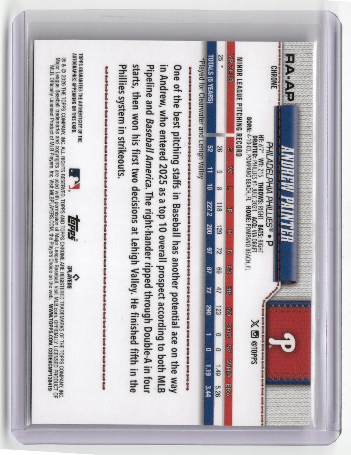 2026 Topps Chrome #RA-AP Andrew Painter Rookie Autographs Black Refractor #/10-2