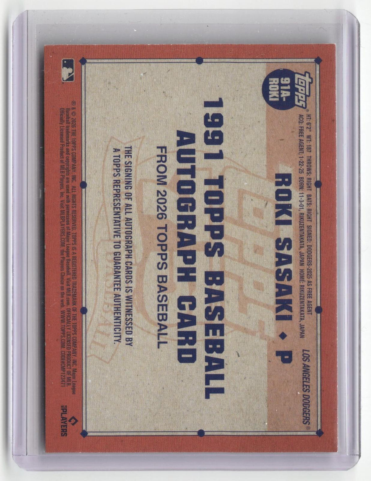 2026 Topps #91A-ROKI Roki Sasaki Autographs Gold (Series Two) #/50-2